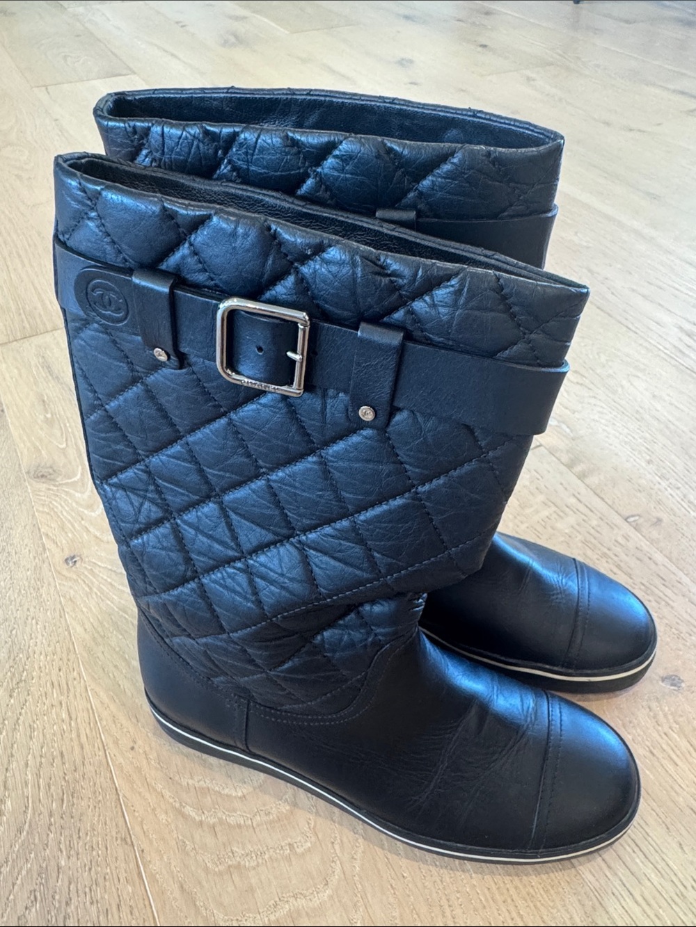 CHANEL Black Quilted Leather Mid-Calf Boots with Buckle